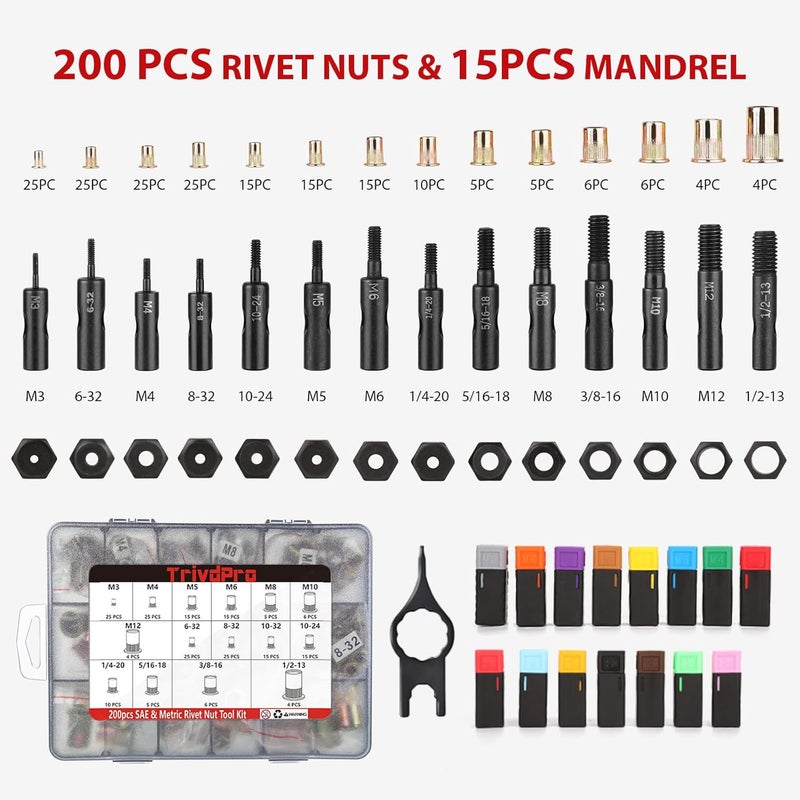 TrivdPro Rivet Nut Tool Kit Rivnut 16" Rivnut Tool Kit Professional RIV Nut Tool Kit with 200pcs Nutsert Tool Kit & 15 Interchangeable Mandrels, Rivet Nut Rivet Tool Kit with Rugged Carry Case - Image 3
